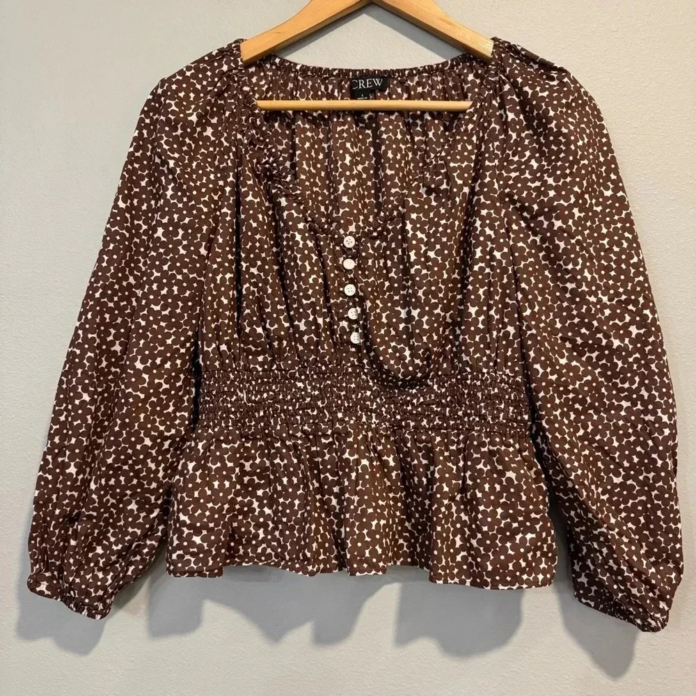 J. Crew Floral Blouse Smocked Waist Long Sleeve V Neck Lightweight S